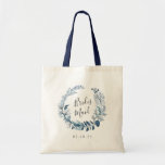 Wild Azure Bridesmaid Tote Bag<br><div class="desc">A sweet and elegant gift for your bridal party,  tote features a blue and white watercolor botanical wreath with "bridesmaid" inscribed inside in hand lettered script. Personalise with your wedding date or the recipient's name beneath.</div>