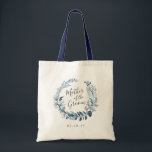 Wild Azure Mother of the Groom Tote Bag<br><div class="desc">A sweet and elegant gift for the mother of the groom,  tote features a blue and white watercolor botanical wreath with "mother of the groom" inscribed inside in hand lettered script. Personalise with your wedding date or the recipient's name beneath.</div>