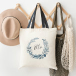 Wild Azure Personalised Tote Bag<br><div class="desc">Our custom personalised tote features a blue and white watercolor botanical wreath with your name or monogram inscribed inside in hand lettered script.</div>