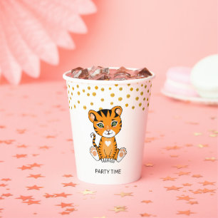 Wild Baby Tiger Cartoon & Gold Confetti Party Paper Cups