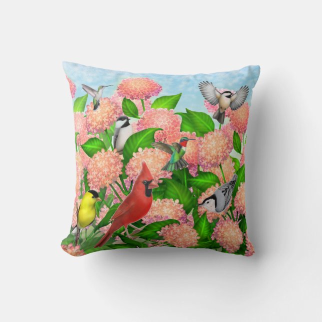 Wild Backyard Birds on Hydrangea Flowers Pillow (Front)