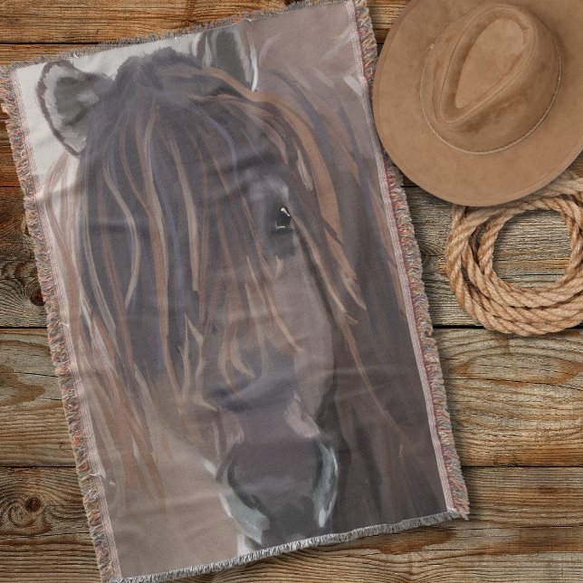 Wild Bay Brown Horse Funny Messy Hair Throw Blanket (Creator Uploaded)