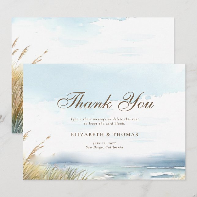Wild Beach Fence Ocean Grass Art Elegant Wedding Thank You Card (Front/Back)