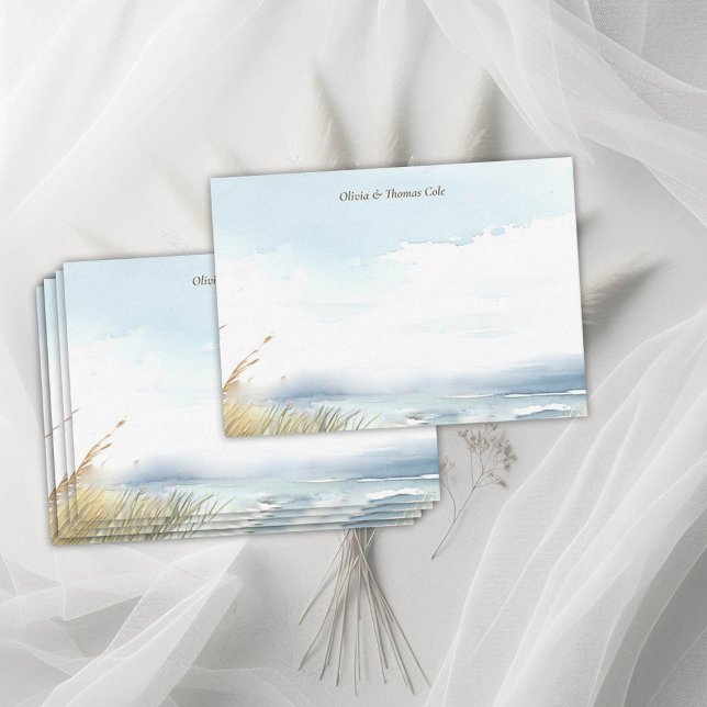 Wild Beach Fence Ocean Grass Stripe Wedding Couple Card (wild beach wedding couple note card dreamy watercolor ocean fence grass nature formal modern classic)