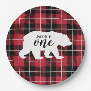 Wild Bear Flannel Plaid Pattern 1st Birthday Party Paper Plate