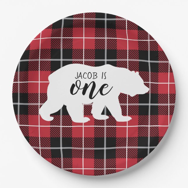 Wild Bear Flannel Plaid Pattern 1st Birthday Party Paper Plate (Front)