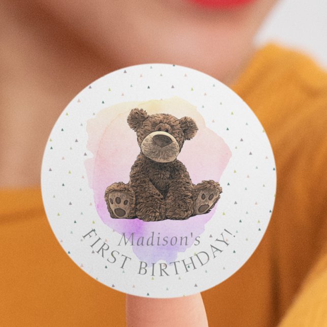 Wild Bear Pink First Birthday Cute Modern Classic Round Sticker (Creator Uploaded)