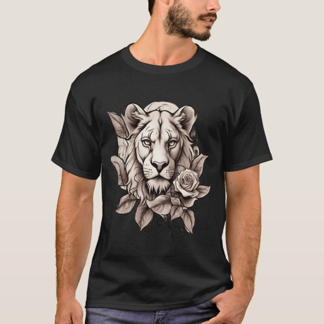 Wild Beauty: Lioness Rose Tattoo Design T-Shirt (Front)