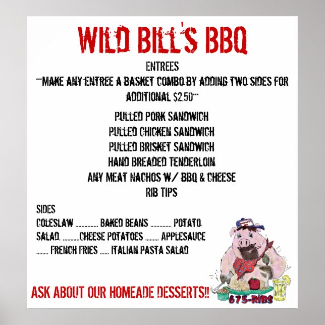 WILD BILL'S BBQ MENU POSTER (Front)