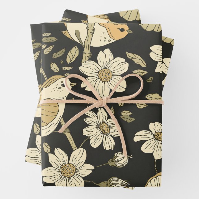 Wild Birds and Flowers Nature Wrapping Paper Sheet (In situ)
