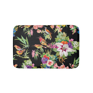 Wild Birds Flowers: Black Vintage Bath Mat