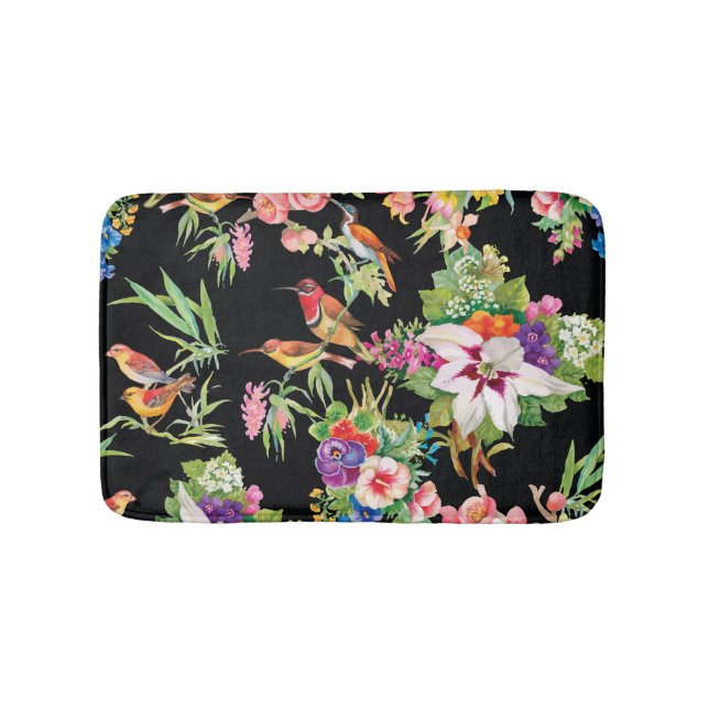Wild Birds Flowers: Black Vintage Bath Mat (Front)