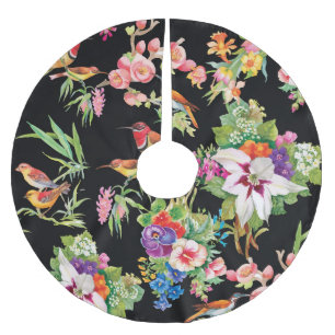 Wild Birds Flowers: Black Vintage Brushed Polyester Tree Skirt