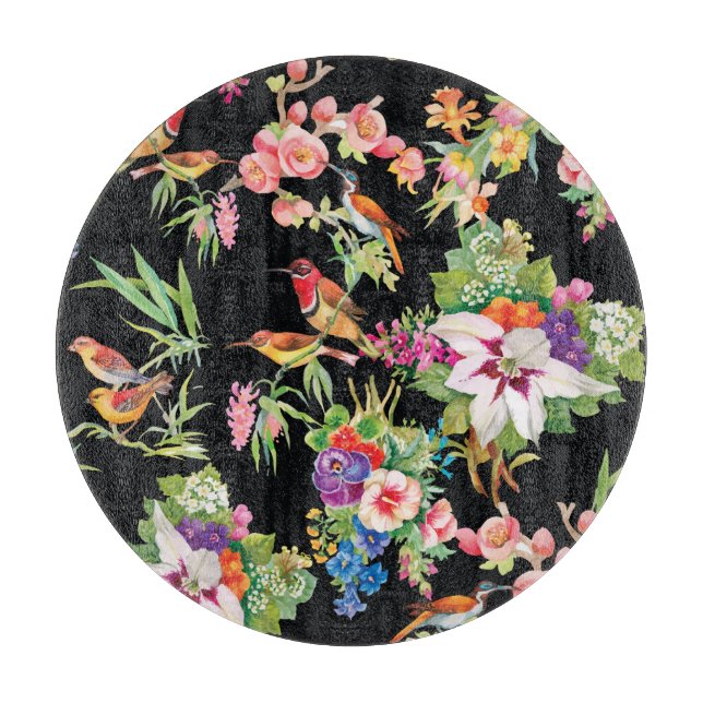 Wild Birds Flowers: Black Vintage Cutting Board (Front)
