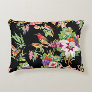 Wild Birds Flowers: Black Vintage Decorative Cushion