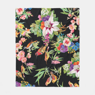 Wild Birds Flowers: Black Vintage Fleece Blanket