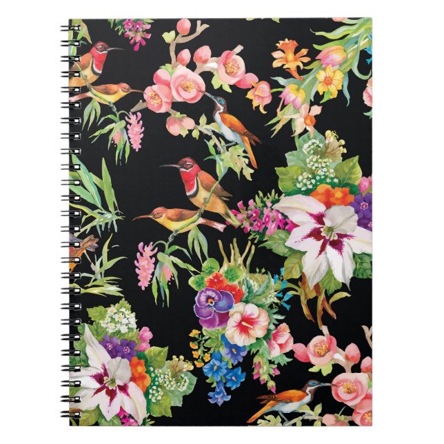 Wild Birds Flowers: Black Vintage Notebook (Front)