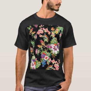 Wild Birds Flowers: Black Vintage T-Shirt