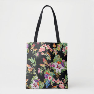 Wild Birds Flowers: Black Vintage Tote Bag