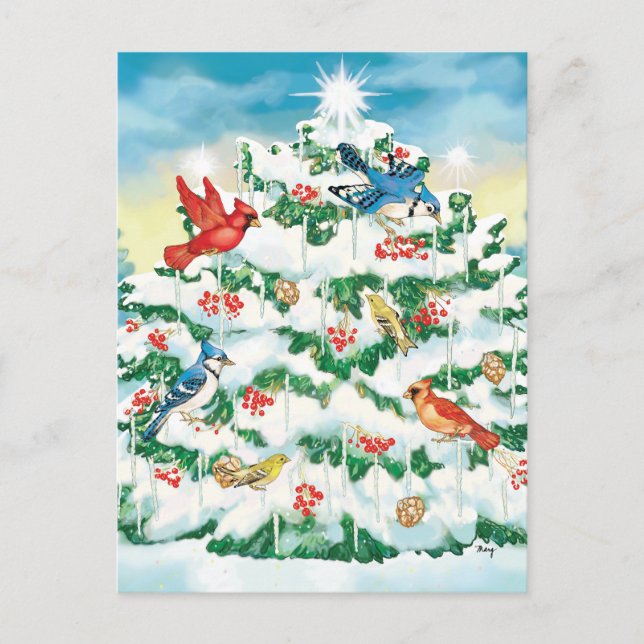 Wild Birds in Nature with Starlit Christmas Tree Holiday Postcard (Front)