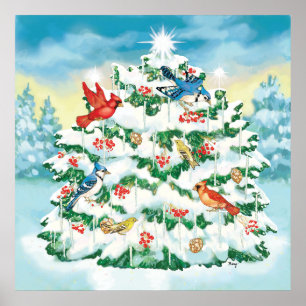 Wild Birds in Nature with Starlit Christmas Tree Poster