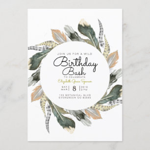 Wild Birthday Bash   Feather Watercolor Circle Invitation