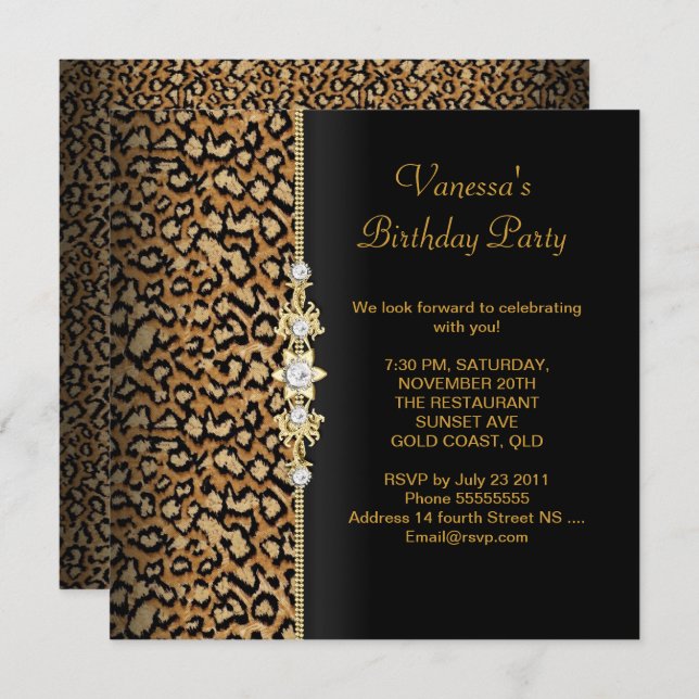 Wild Birthday Party Gold Black Animal Invitation (Front/Back)