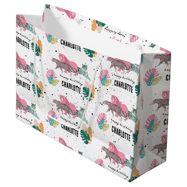 Wild Birthday Party Jungle Animals Kids Birthday Large Gift Bag (Front Angled)