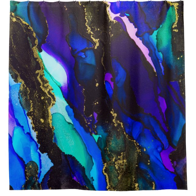 Wild Black and Purple Alcohol Ink Painting Shower Curtain (Front)