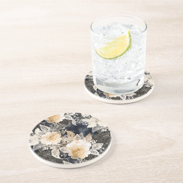 Wild Black Cream Leopard Animal Floral Coaster (Side)