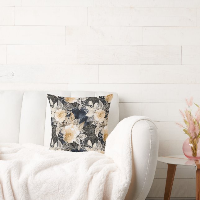 Wild Black Cream Leopard Animal Floral Cushion (Couch)