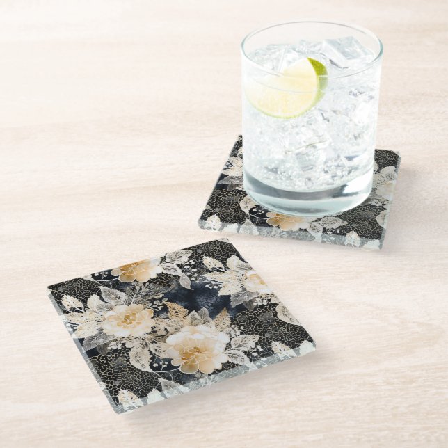 Wild Black Cream Leopard Animal Floral Glass Coaster (Angled)