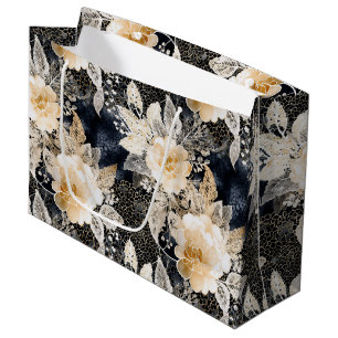 Wild Black Cream Leopard Animal Floral Large Gift Bag