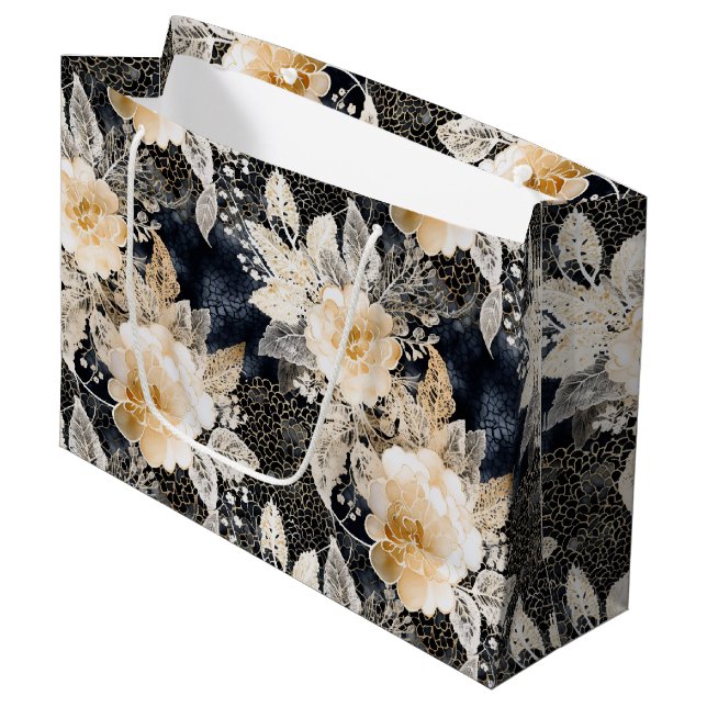 Wild Black Cream Leopard Animal Floral Large Gift Bag (Front Angled)