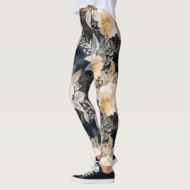 Wild Black Cream Leopard Animal Floral Leggings (Left)