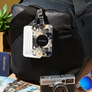 Wild Black Cream Leopard Animal Floral Luggage Tag