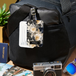 Wild Black Cream Leopard Animal Floral Luggage Tag