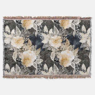 Wild Black Cream Leopard Animal Floral Throw Blanket