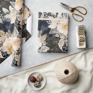 Wild Black Cream Leopard Animal Floral Wrapping Paper