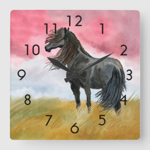 Wild Black Horse Mustang in Field Clock