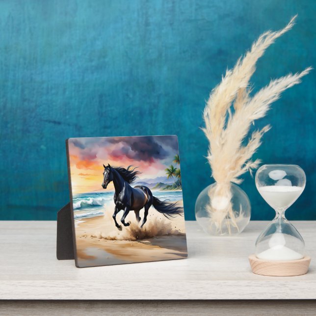 Wild black stallion galloping plaque (Insitu)