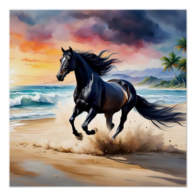 Wild black stallion galloping poster (Front)