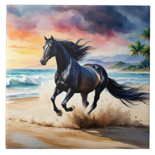 Wild black stallion galloping tile