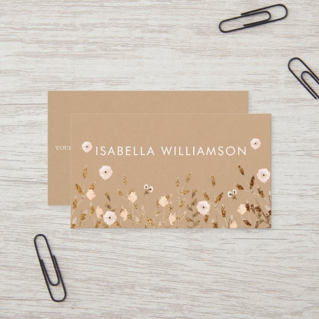 Wild Blossom | Gold Glitter Floral Elegant Kraft Business Card (Front/Back In Situ)