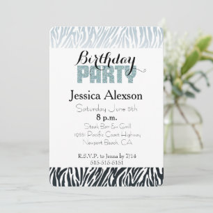 Wild Blue Black Zebra Birthday Glitter Party Invitation