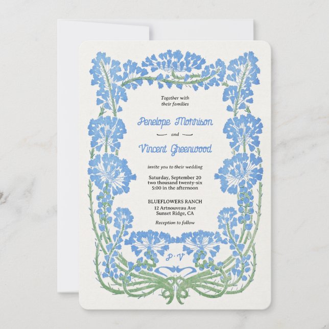 Wild Blue Flowers Letterpress Style Wedding Invitation (Front)
