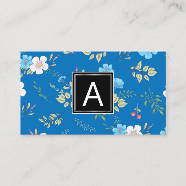 Wild Blue Flowers Spring Garden Pattern | Monogram Business Card (Front)