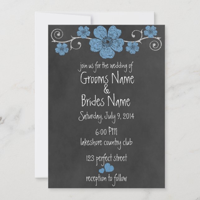 Wild Blue Roses Chalkboard Wedding Invitation (Front)