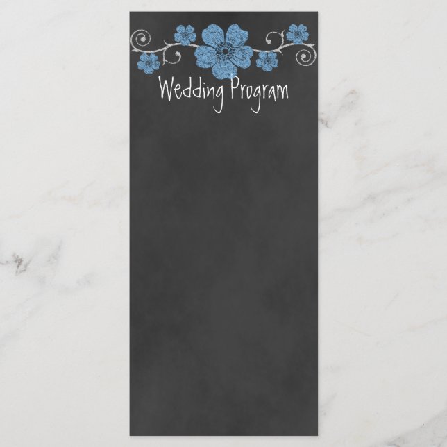 Wild Blue Roses Chalkboard Wedding Program Card (Front)