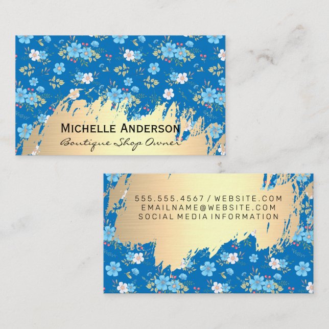 Wild Blue White Flowers | Gold Metallic Brushed Business Card (Front/Back)